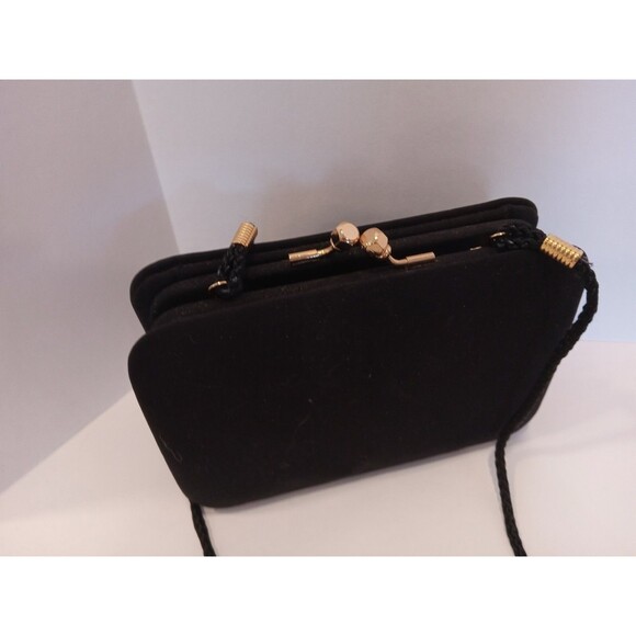 1990s Black Kisslock Boxy Clutch w/ Shoulder Strap Unbranded Evening Bag - Picture 6 of 13